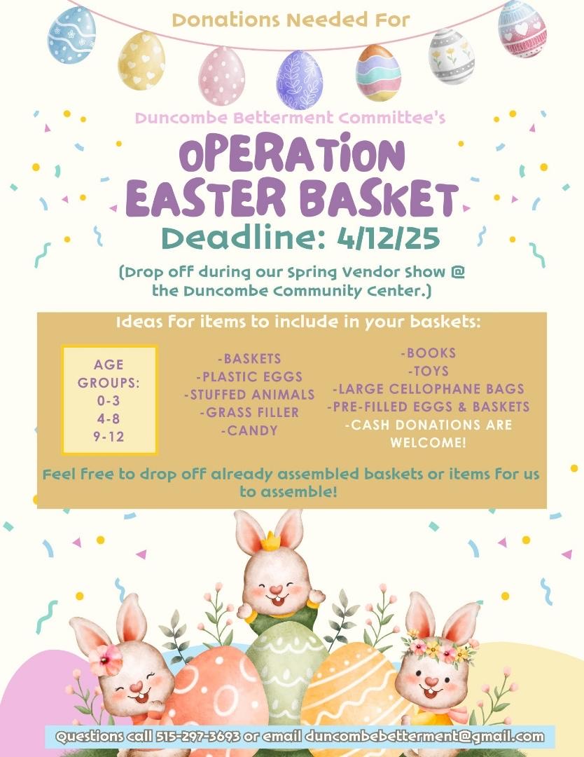 Operation East basket asking for donations of easter basket items